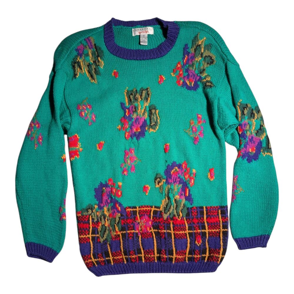 Vtg 1990s Cambridge Sports Club Turquoise Floral Intarsia Knit Sweater Sz M